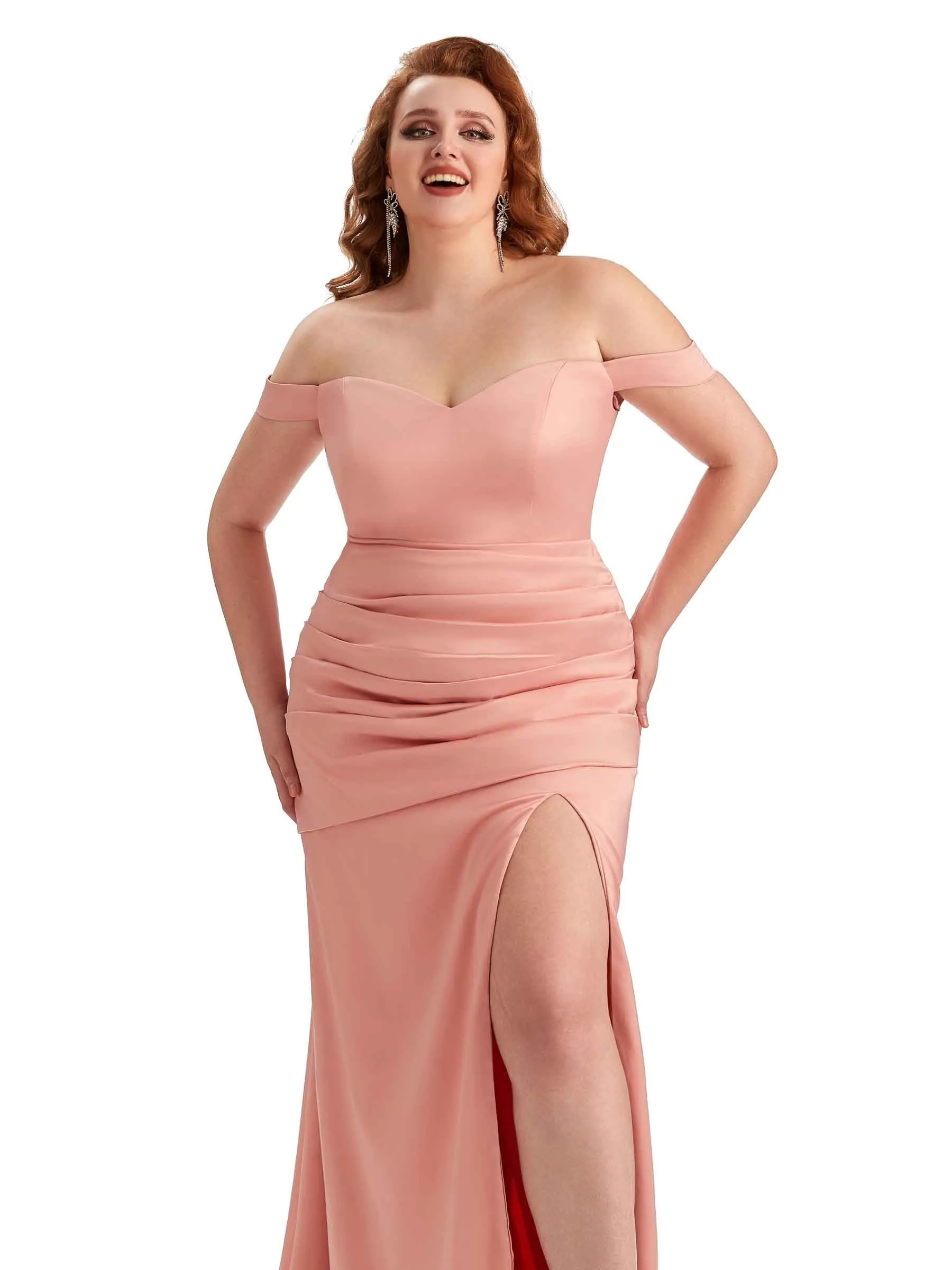 Plus Size Sexy Mermaid Off The Shoulder Side Slit Soft Satin Long Wedding Party Dresses sold by ChicSew product image thumbnail 2