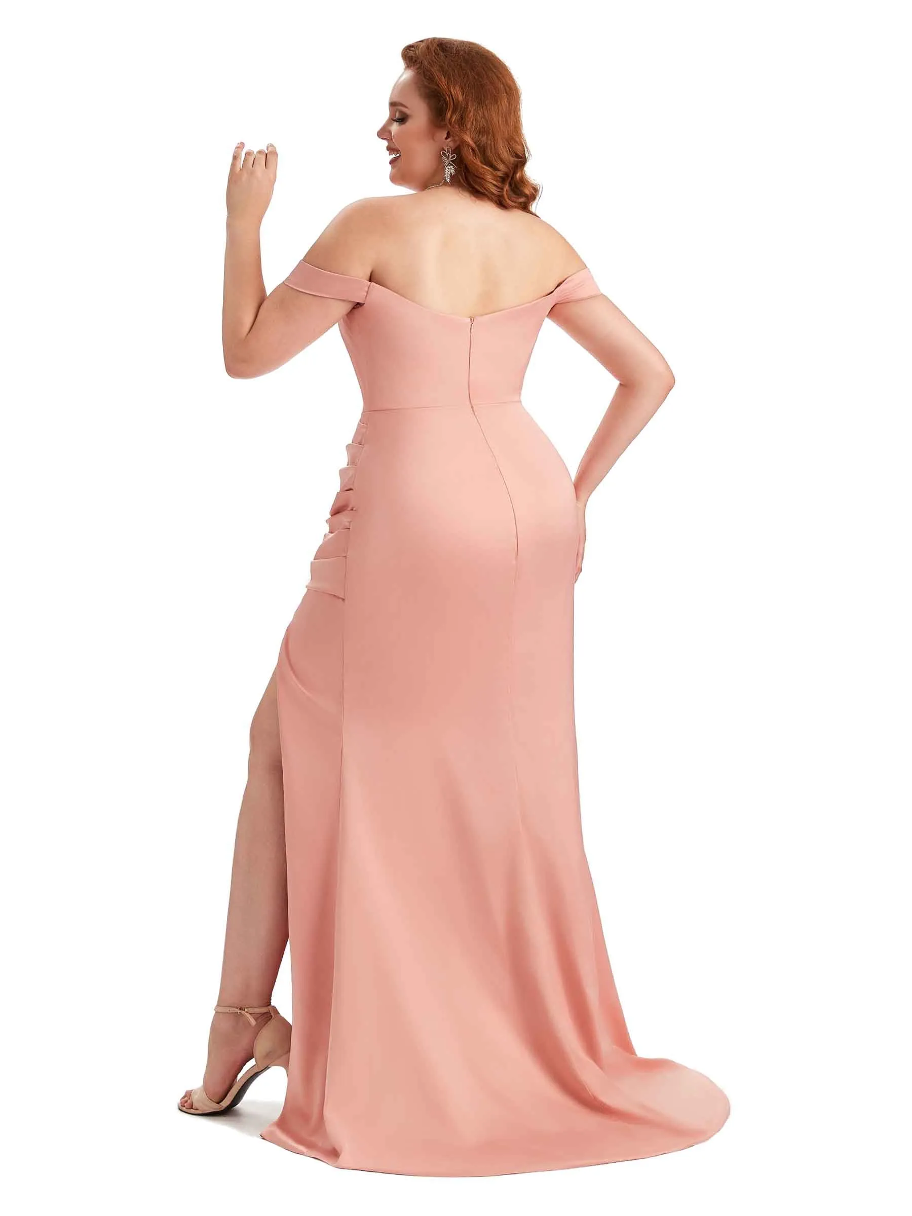 Plus Size Sexy Mermaid Off The Shoulder Side Slit Soft Satin Long Wedding Party Dresses sold by ChicSew product image thumbnail 3
