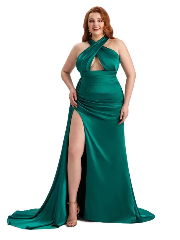 Plus Size Sexy Halter Side Slit Mermaid Soft Satin Long Bridesmaid Dress For Wedding made by ChicSew