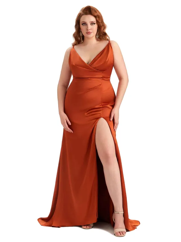 Plus Size Sexy Side Slit Spaghetti Straps Mermaid Soft Satin Fashion Bridesmaid Dresses sold by ChicSew