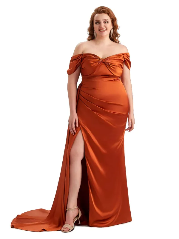 Plus Size Sexy Side Slit Off The Shoulder Mermaid Soft Satin Long Bridesmaid Dress For Wedding sold by ChicSew