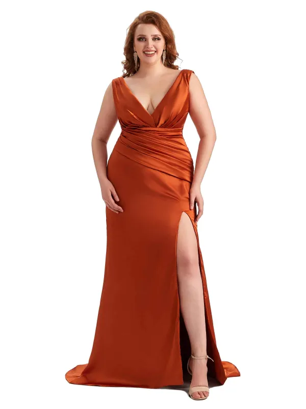 Plus Size Elegant V-neck Side Slit Mermaid Soft Satin Long Bridesmaid Dress For Wedding sold by ChicSew