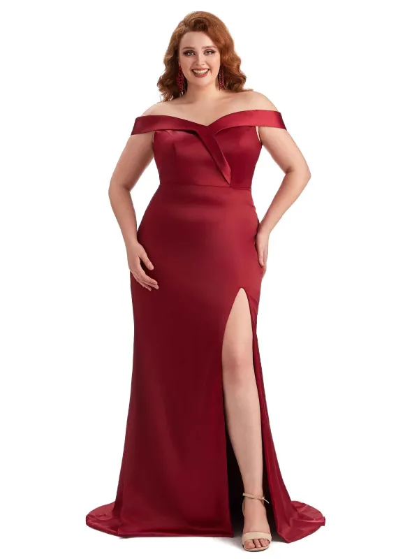 Plus Size Elegant Off The Shoulder Side Slit Mermaid Soft Satin Long Bridesmaid Gowns sold by ChicSew