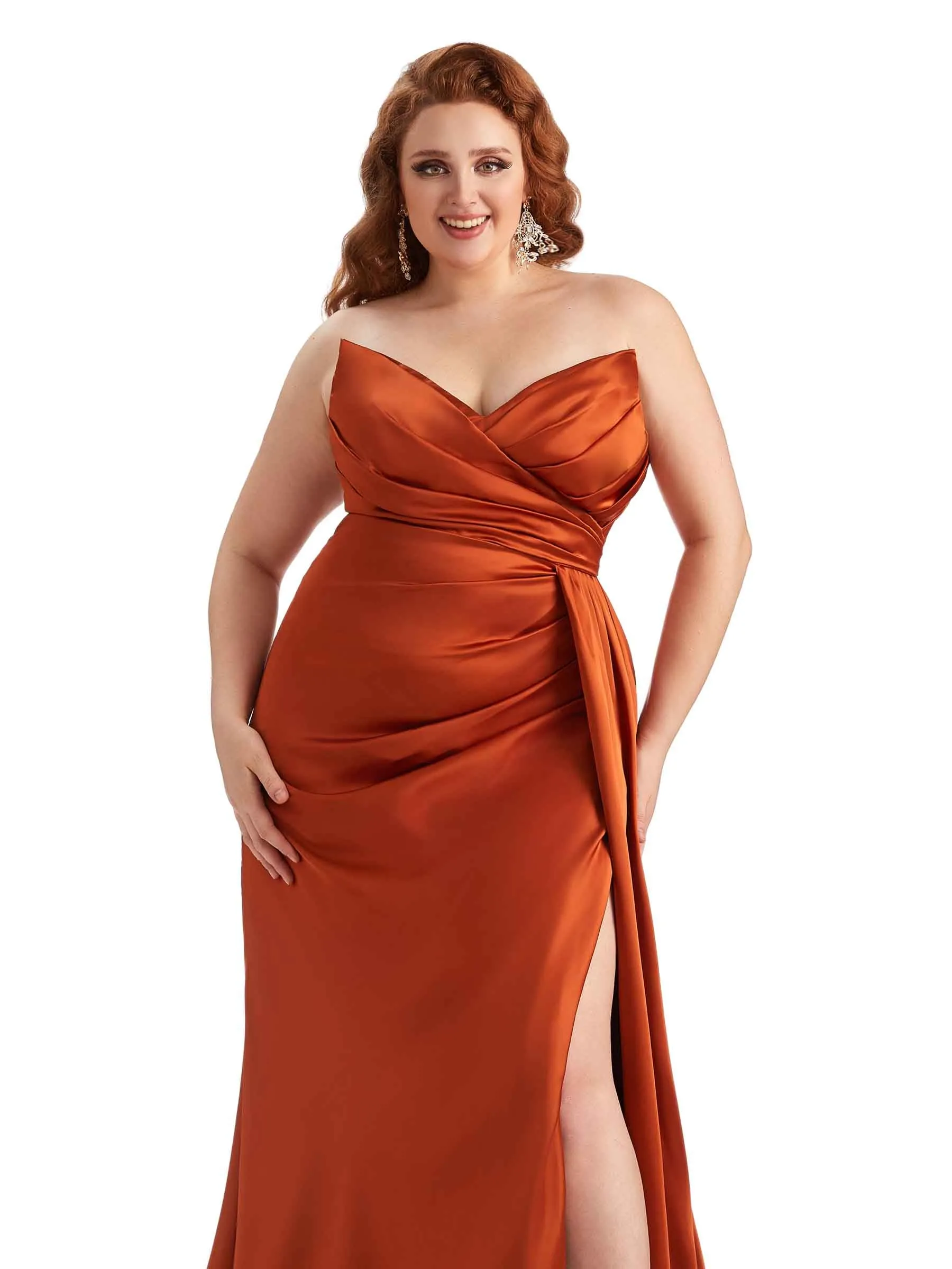Sexy V-neck Side Slit Mermaid Soft Satin Long Plus Size Bridesmaid Gowns sold by ChicSew product image thumbnail 2