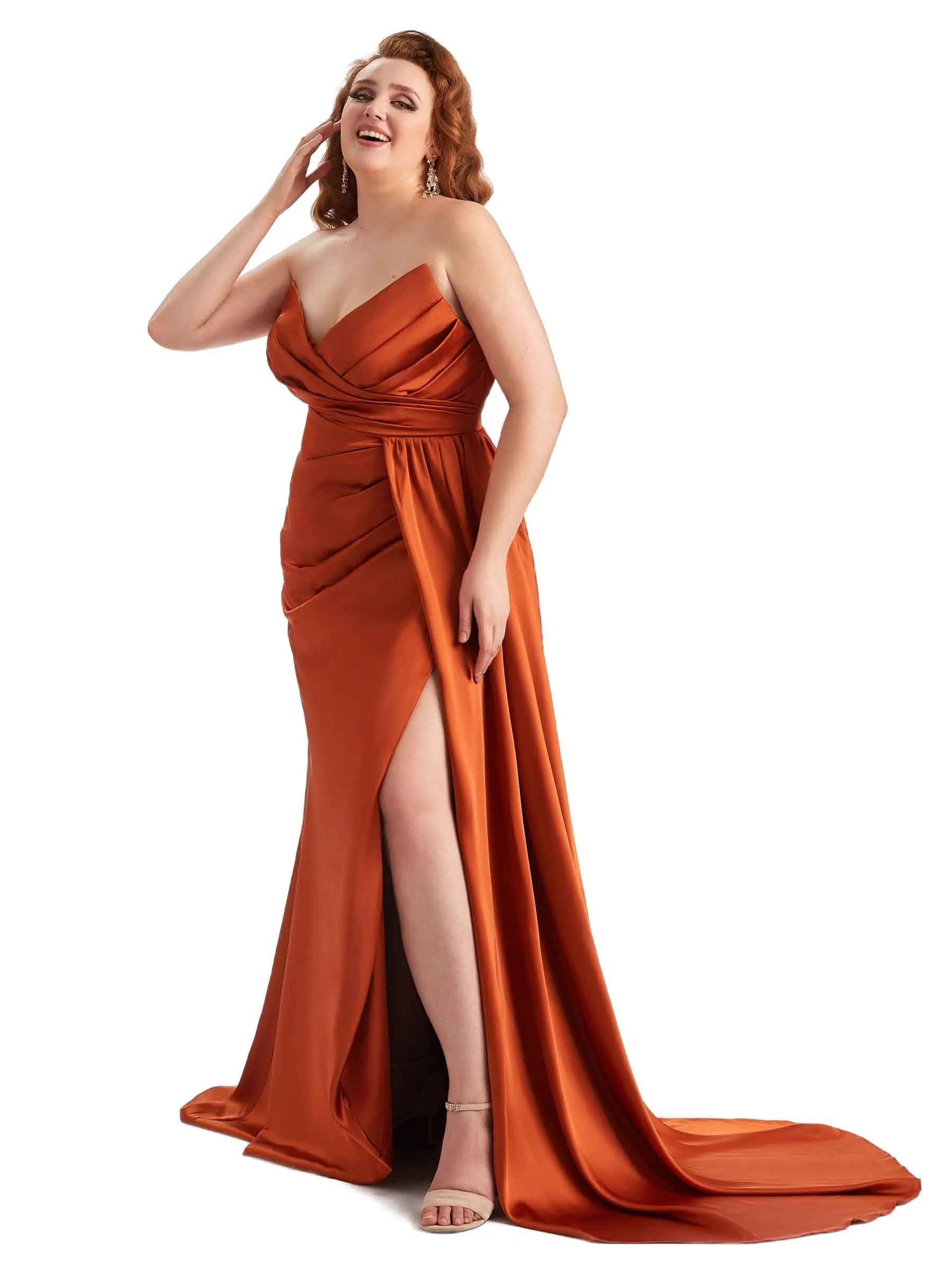 Sexy V-neck Side Slit Mermaid Soft Satin Long Plus Size Bridesmaid Gowns sold by ChicSew product image thumbnail 4
