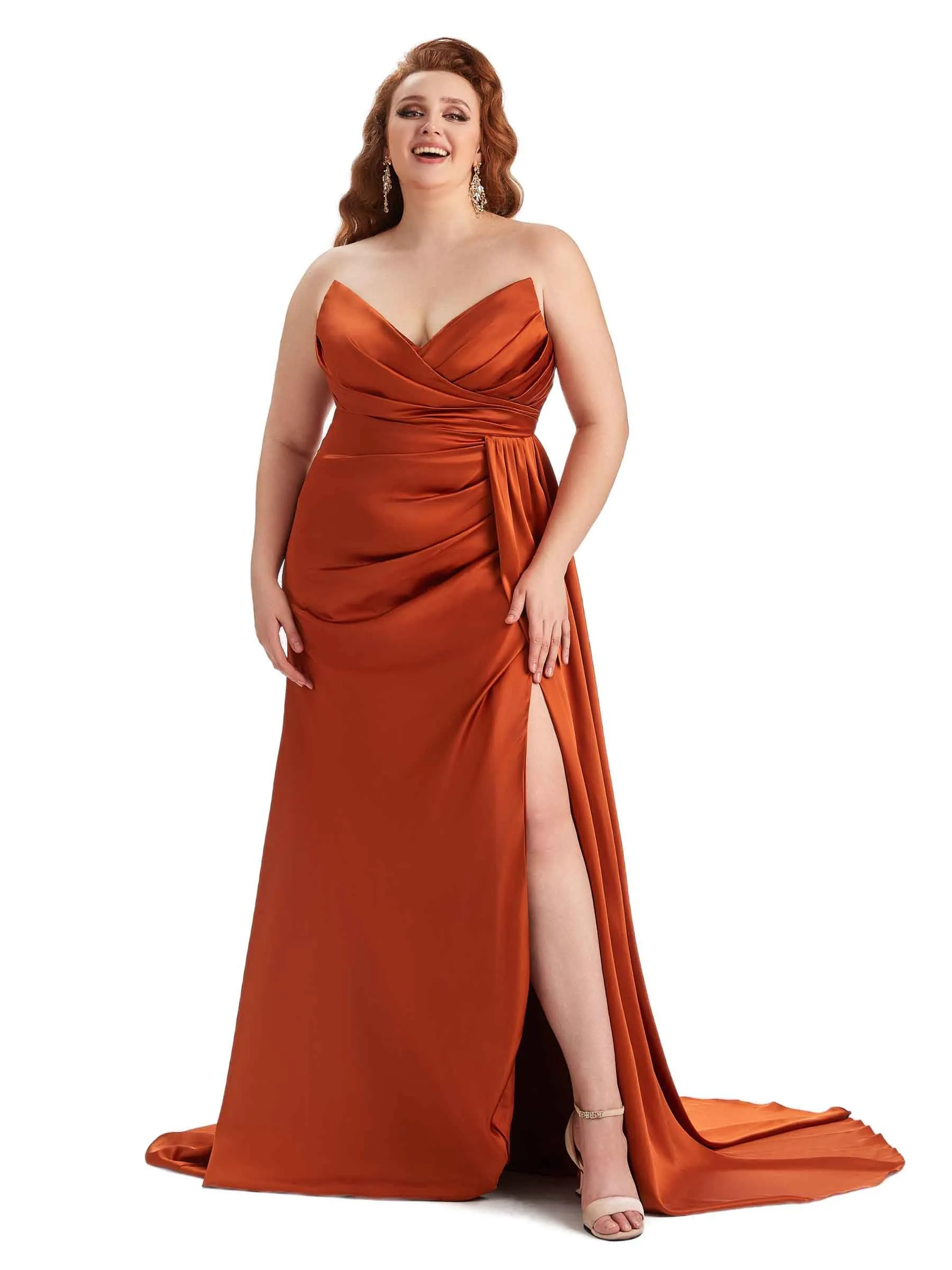 Sexy V-neck Side Slit Mermaid Soft Satin Long Plus Size Bridesmaid Gowns sold by ChicSew