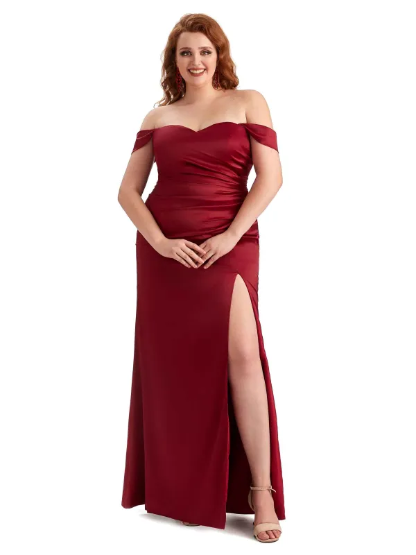 Plus Size Sexy Off The Shoulder Side Slit Mermaid Soft Satin Long Bridesmaid Dresses sold by ChicSew