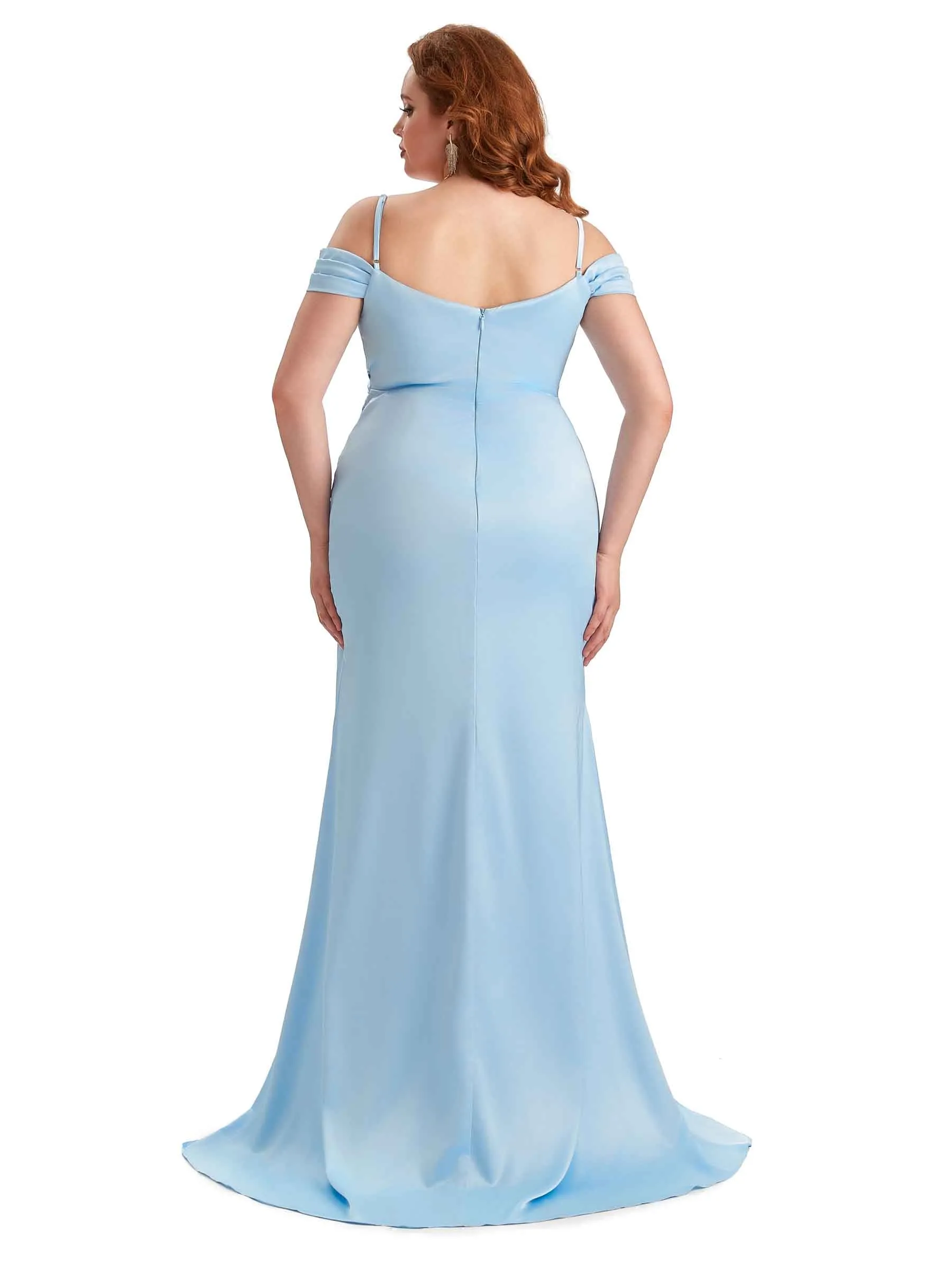 Plus Size Sexy Side Slit Cold Shoulder Mermaid Soft Satin Long Maid of Honor Dresses sold by ChicSew product image thumbnail 3