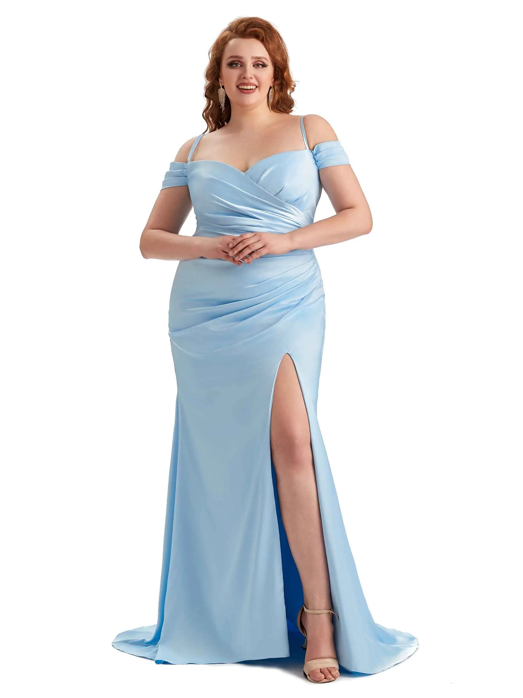 Plus Size Sexy Side Slit Cold Shoulder Mermaid Soft Satin Long Maid of Honor Dresses sold by ChicSew
