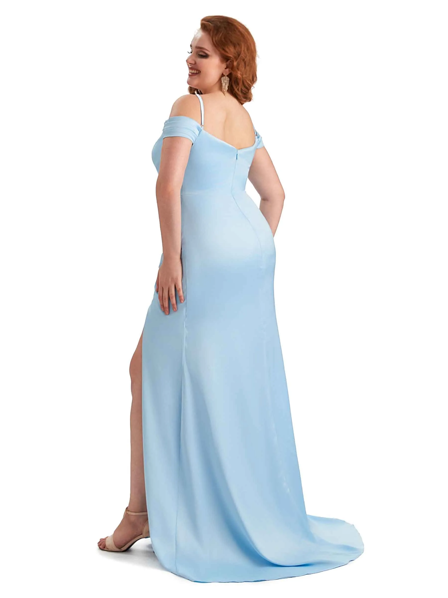 Plus Size Sexy Side Slit Cold Shoulder Mermaid Soft Satin Long Maid of Honor Dresses sold by ChicSew product image thumbnail 5