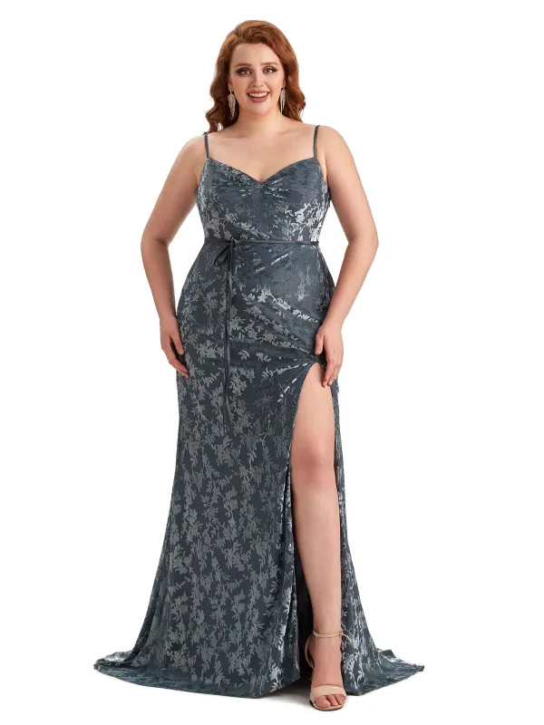 Plus Size Sexy Side Split Mermaid Spaghetti Straps Floral Velvet Long Bridesmaid Gowns sold by ChicSew