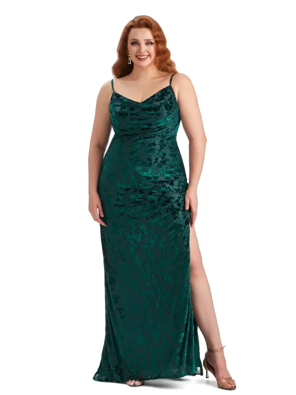Plus Size Sexy Side Slit Spaghetti Straps Mermaid Floral Velvet Long Bridesmaid Dresses sold by ChicSew