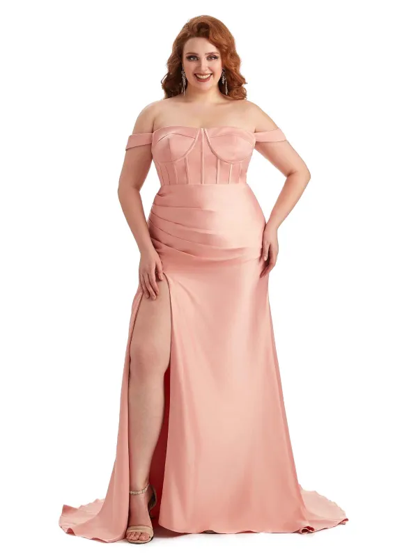 Plus Size Elegant Off The Shoulder Side Slit Mermaid Soft Satin Long Bridesmaid Gowns sold by ChicSew