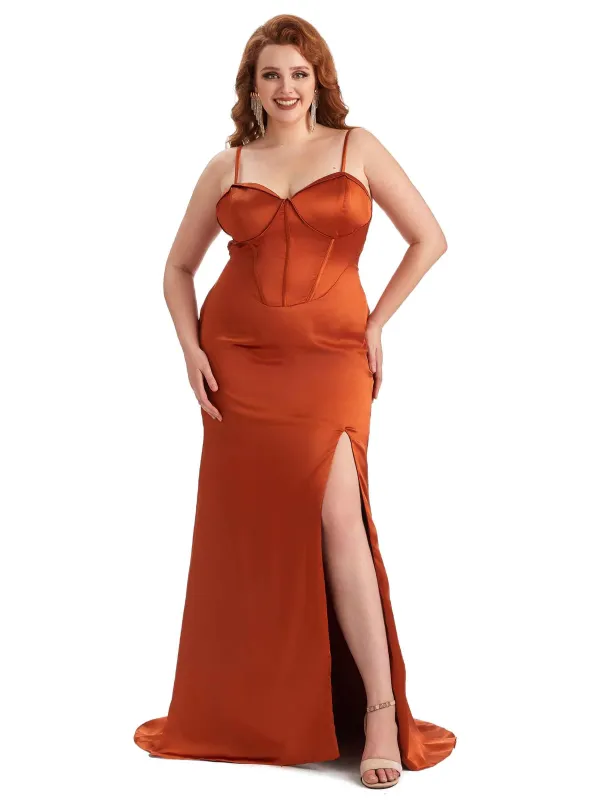 Sexy Spaghetti Straps Side Slit Mermaid Soft Satin Long Plus Size Dress To Wear to a Wedding made by ChicSew