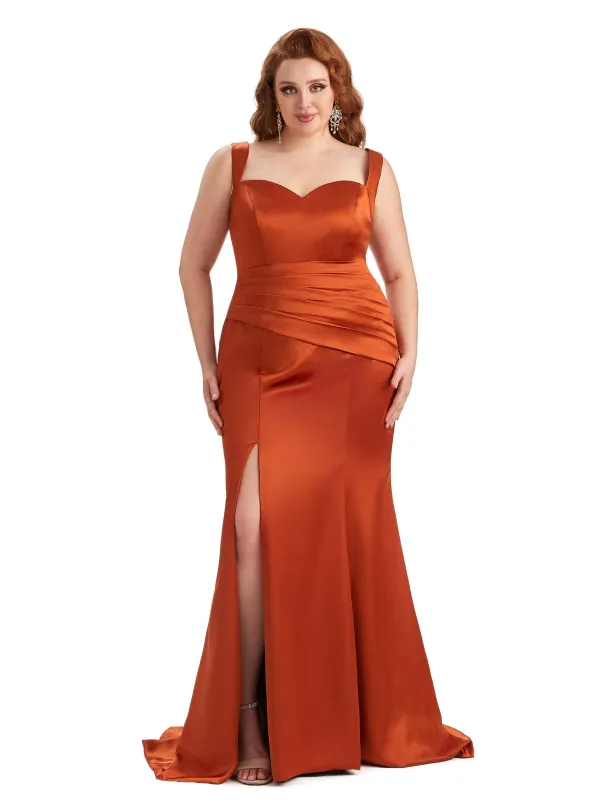 Plus Size Sexy Side Slit Mermaid Straps Soft Satin Long Maid of Honor Dresses sold by ChicSew