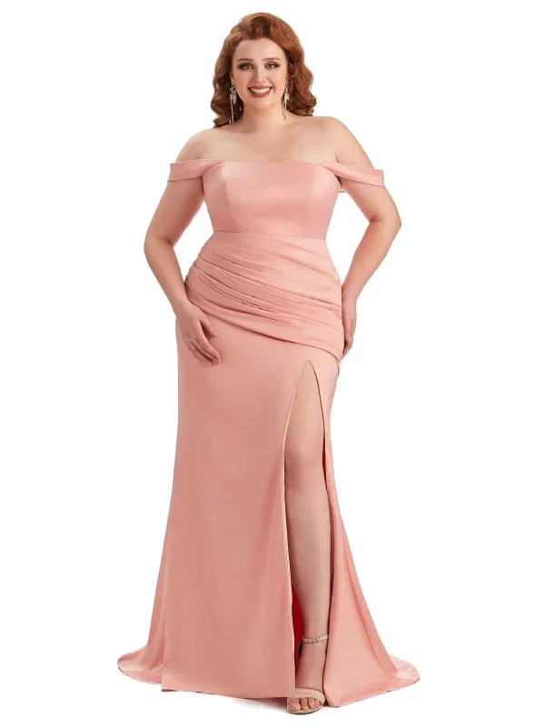 Plus Size Sexy Off Shoulder Side Slit Mermaid Soft Satin Long Bridesmaid Dress For Wedding sold by ChicSew