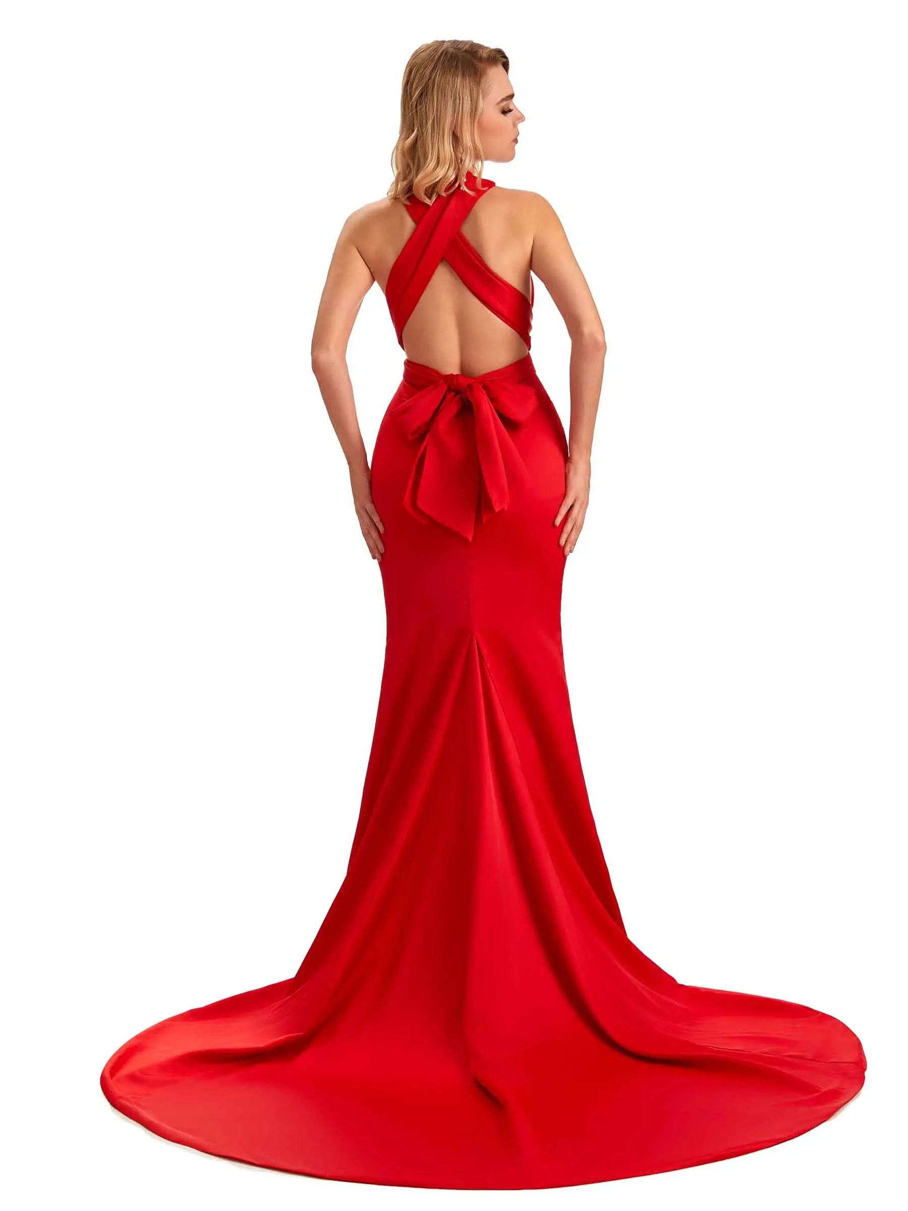 Sexy Side Slit Criss Cross Halter Mermaid Soft Satin Long Bridesmaid Dress For Wedding sold by ChicSew product image thumbnail 3