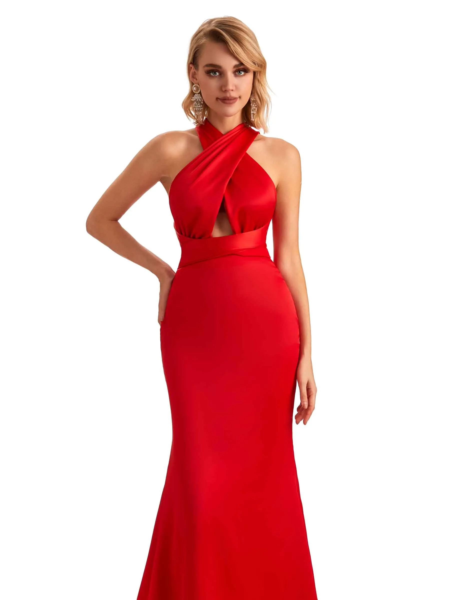 Sexy Side Slit Criss Cross Halter Mermaid Soft Satin Long Bridesmaid Dress For Wedding sold by ChicSew product image thumbnail 2