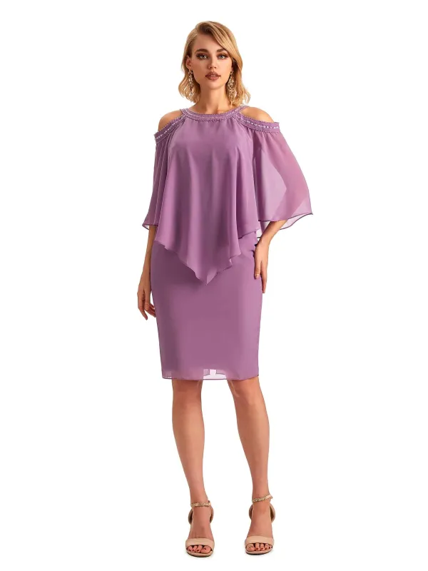 Elegant Chiffon Beaded Bat Sleeves Knee Length Midi Short Mother of The Bride Dresses sold by ChicSew