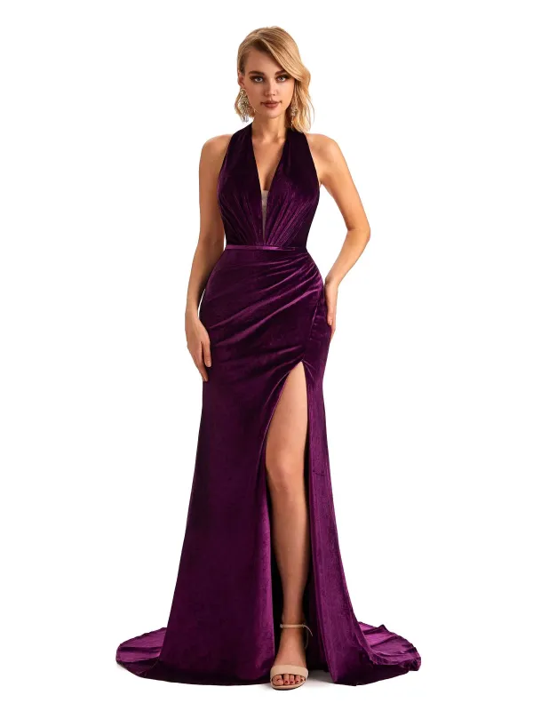 Sexy Backless Mermaid Halter Side Slit Velvet Long Bridesmaid Dresses Online sold by ChicSew