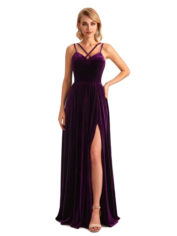 Sexy Side Slit Spaghetti Straps Unique  Velvet Long Bridesmaid Dresses Online sold by ChicSew