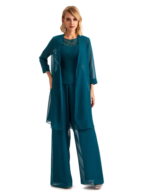Elegant Chiffon Jewel Mother Of The Bride Pant Suits With Jacket Online sold by ChicSew