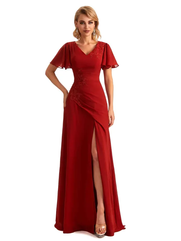 Elegant Chiffon Short Sleeves Side Slit Lace Long Mother of The Brides Dresses sold by ChicSew