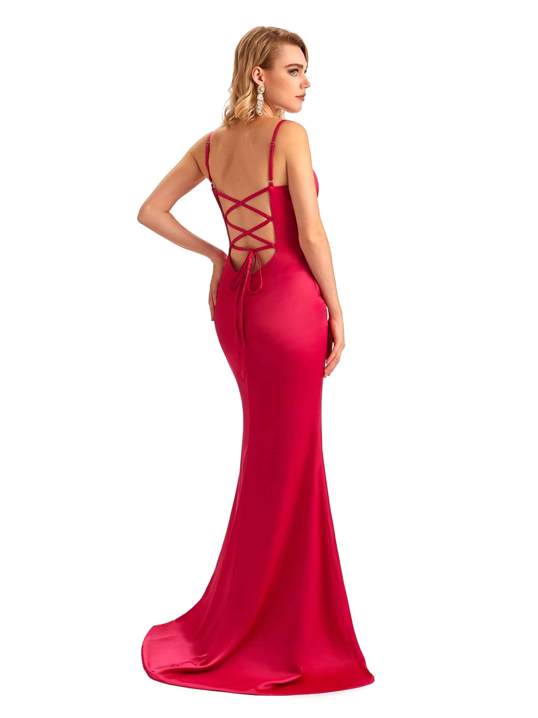 Sexy Backless Mermaid Spaghetti Straps Unique Long Formal Satin Dress For Women sold by ChicSew product image thumbnail 4