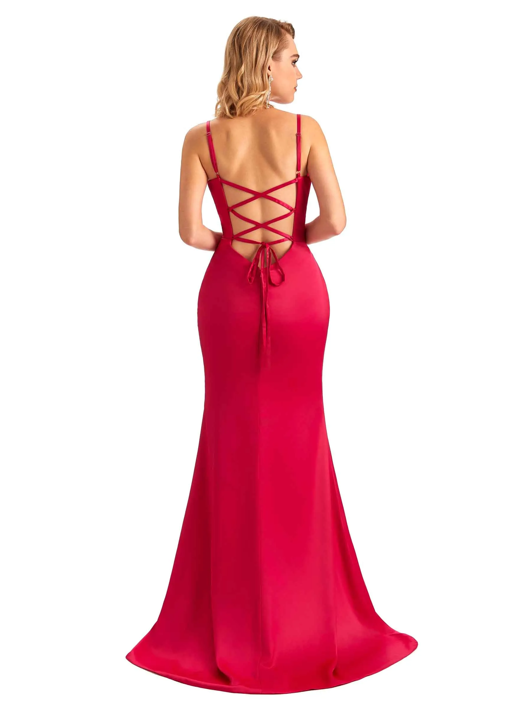 Sexy Backless Mermaid Spaghetti Straps Unique Long Formal Satin Dress For Women sold by ChicSew product image thumbnail 3