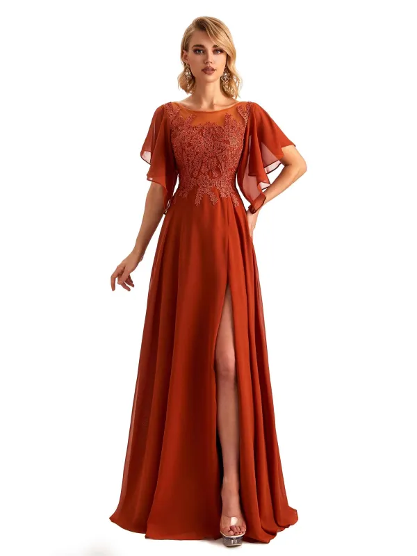 Elegant Side Slit Chiffon Short Sleeves Lace Long Mother of the Brides Dresses sold by ChicSew