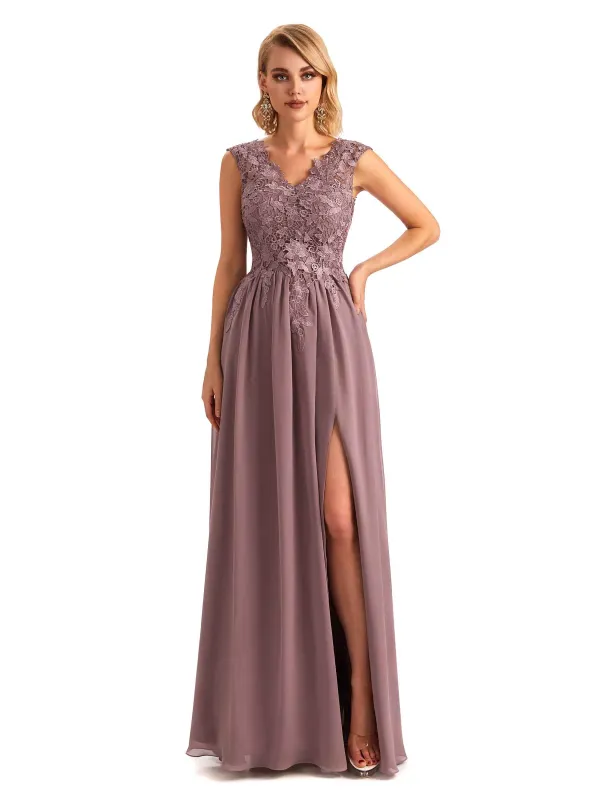 Elegant Side Slit Chiffon V-neck Long Lace Mother of the Brides Dresses sold by ChicSew