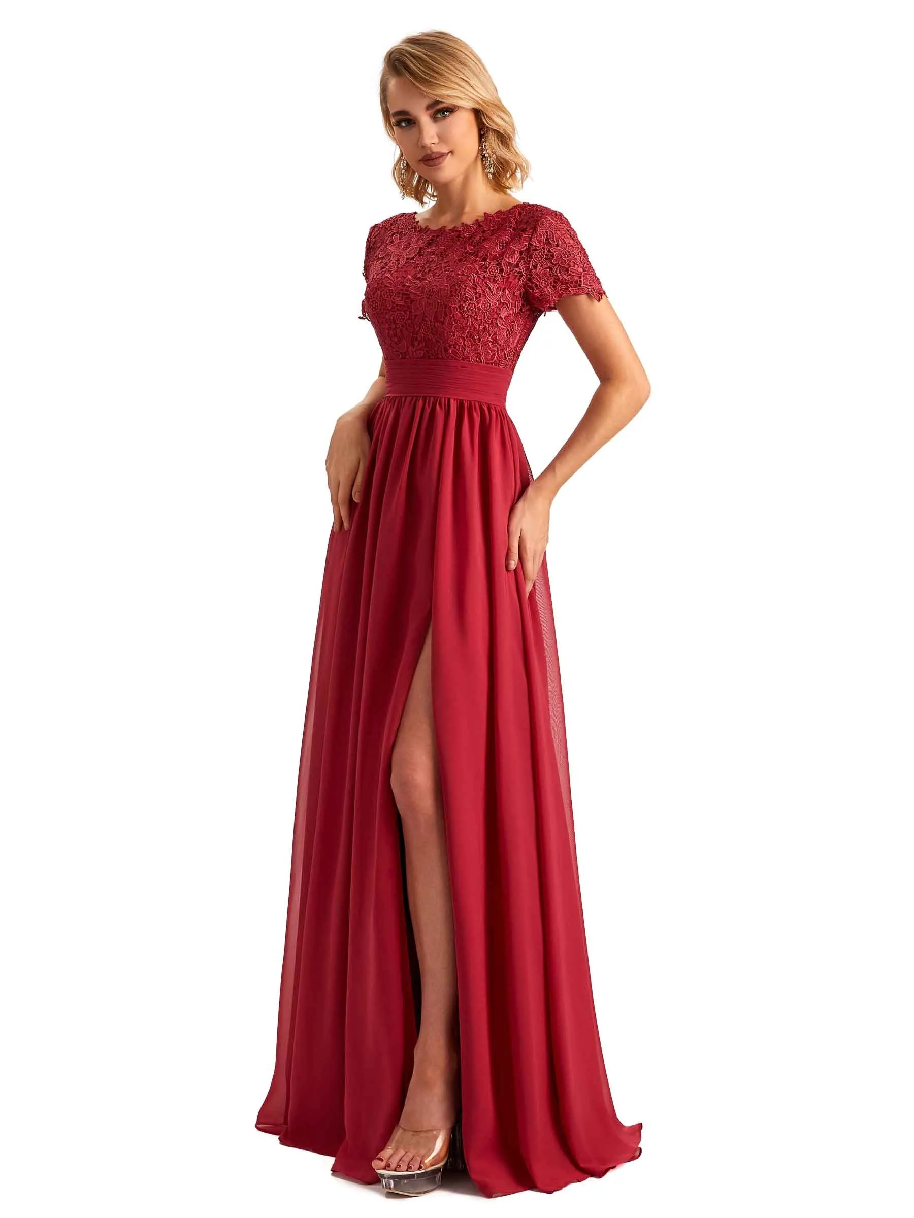 Elegant Side Slit Chiffon Short Sleeves Lace Long Mother of the Brides Dresses sold by ChicSew product image thumbnail 4