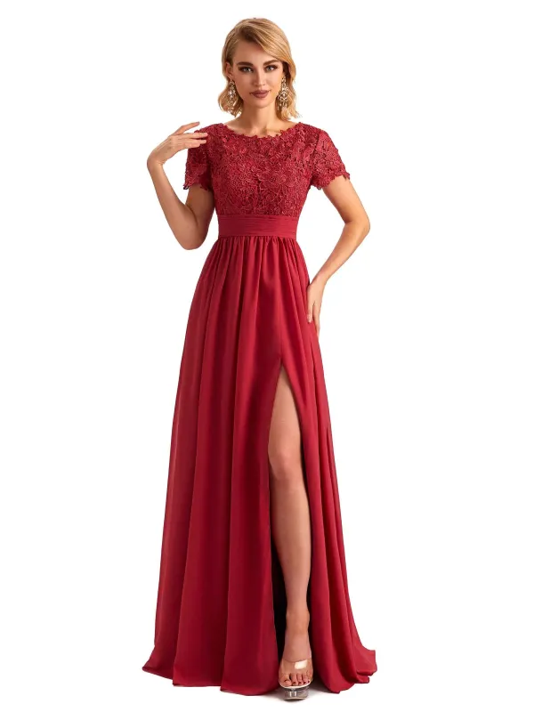 Elegant Side Slit Chiffon Short Sleeves Lace Long Mother of the Brides Dresses sold by ChicSew