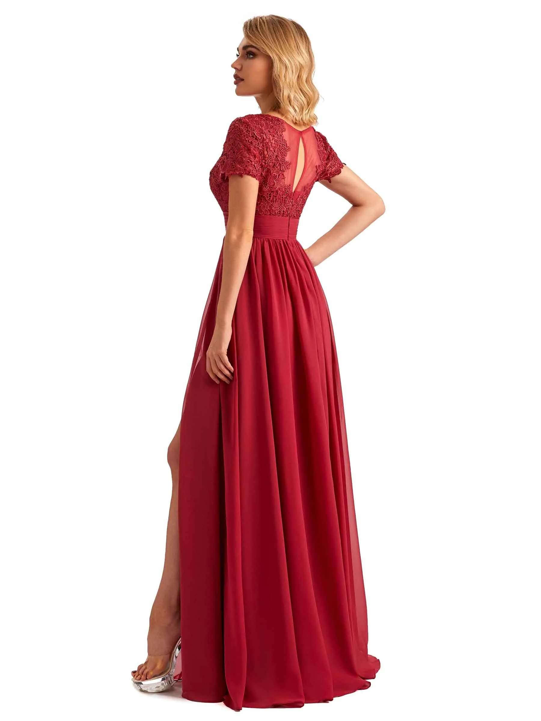 Elegant Side Slit Chiffon Short Sleeves Lace Long Mother of the Brides Dresses sold by ChicSew product image thumbnail 5