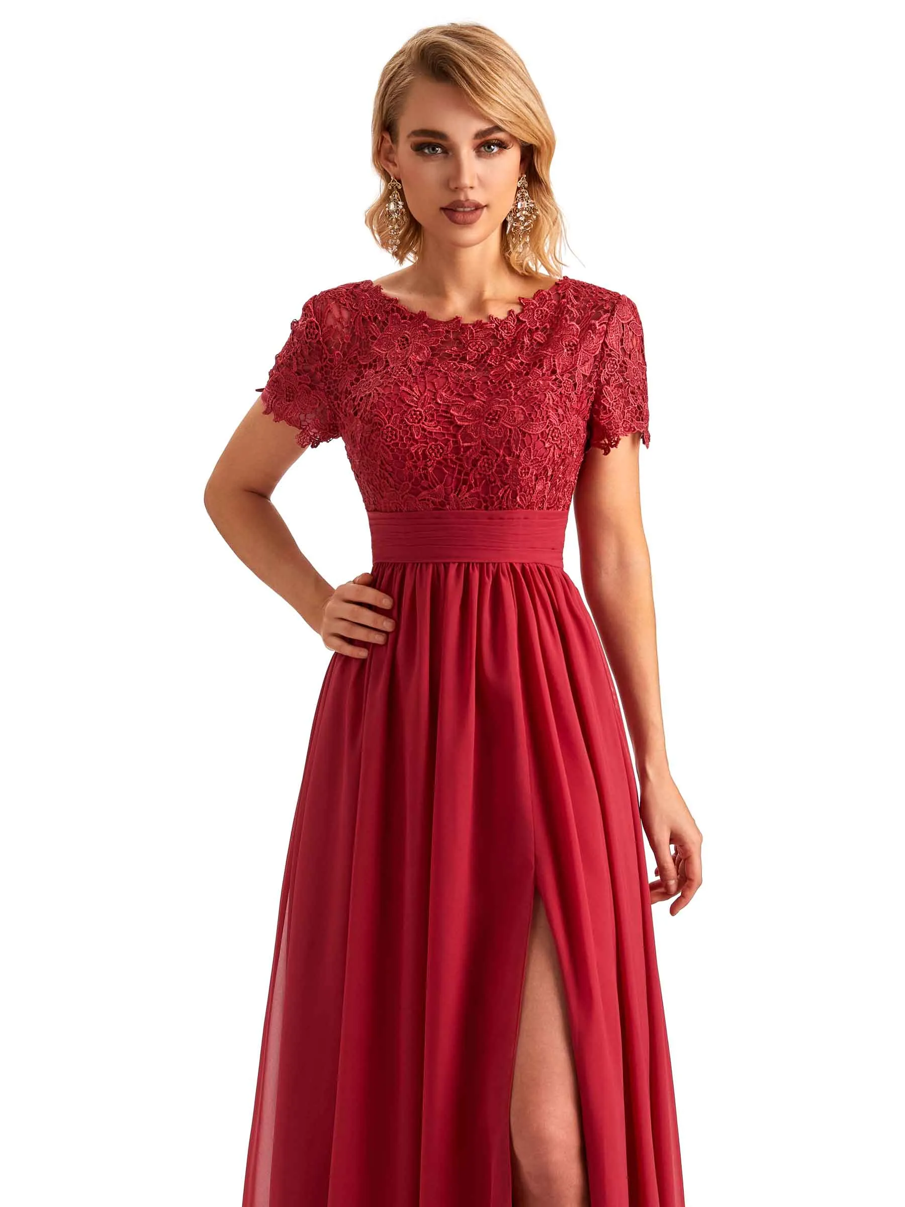 Elegant Side Slit Chiffon Short Sleeves Lace Long Mother of the Brides Dresses sold by ChicSew product image thumbnail 2