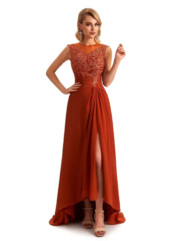 Elegant Chiffon Jewel Side Slit High Low Lace Beaded Mother of the Brides Dresses sold by ChicSew