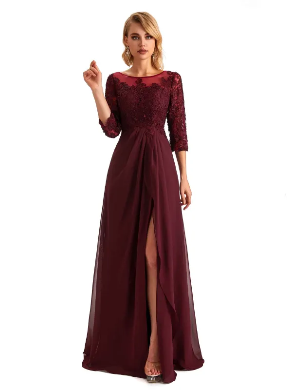 Elegant Side Slit Chiffon 3/4 Sleeves A-line Long Mother of the Brides Dresses made by ChicSew