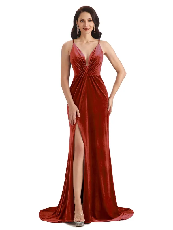 Sexy Mermaid Spaghetti Straps Backless Velvet Side Slit Long Bridesmaid Dresses In Stock sold by ChicSew