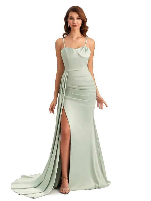 Sexy Spaghetti Straps Side Split Mermaid Unique Long Bridesmaid Dresses in Satin sold by ChicSew