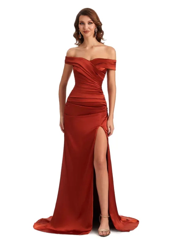 Sexy Mermaid Side Slit Off The Shoulder Silky Satin Unique Long Bridesmaid Dress Online sold by ChicSew