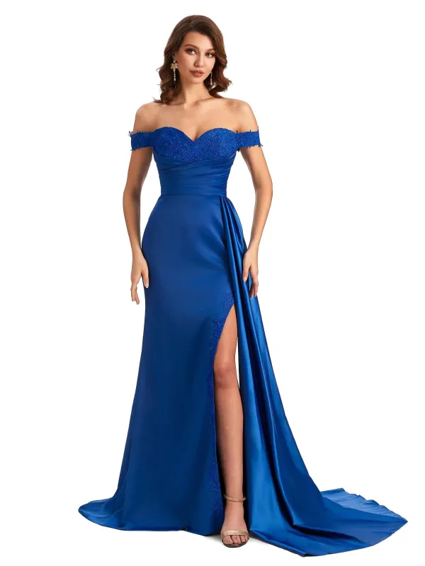 Sexy Off The Shoulder Mermaid Side Slit Silky Satin Long Bridesmaid Dress For Wedding sold by ChicSew