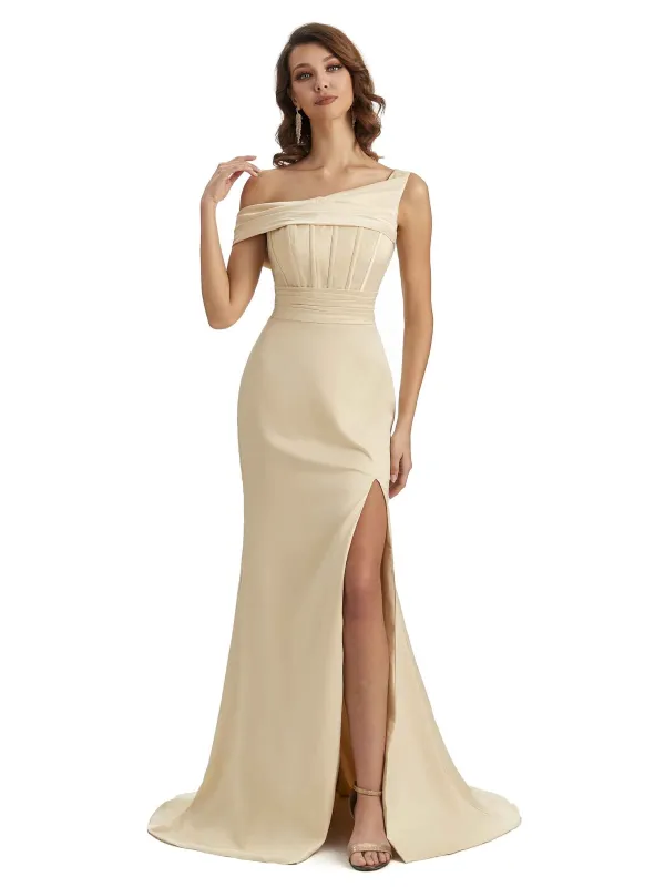 Elegant Asymmetrical Neck Soft Satin Side Slit Long Mermaid Bridesmaid Dresses sold by ChicSew