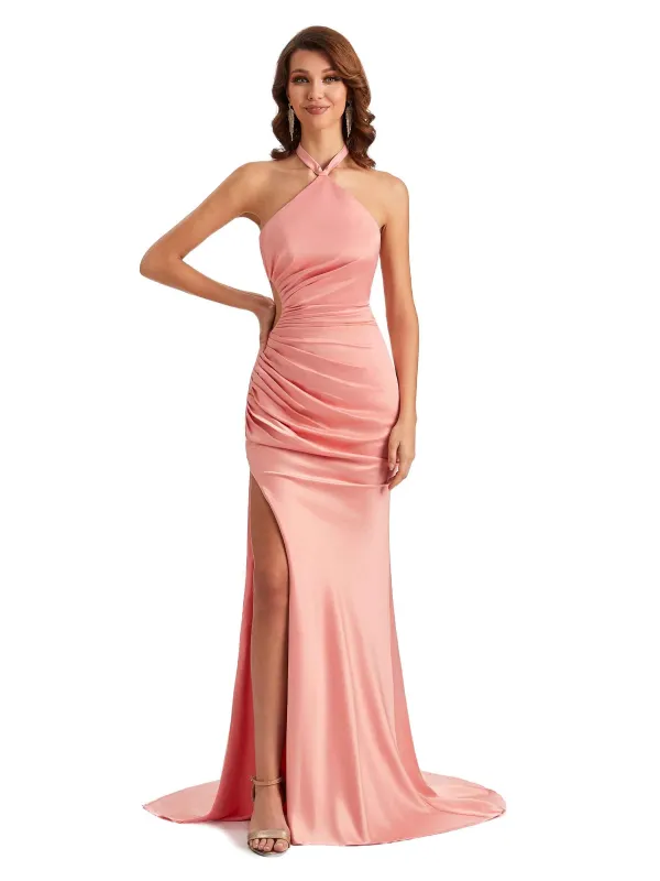 Sexy Halter Mermaid Silky Satin Unique Long Formal Wedding Guest Dresses sold by ChicSew