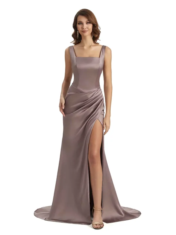 Elegant Square Straps Mermaid Unique Satin Long Maxi Bridesmaid Dress For Wedding sold by ChicSew