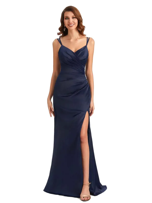 Sexy Side Slit Mermaid Silky Satin Spaghetti Straps Unique Long Satin Dress For Wedding sold by ChicSew