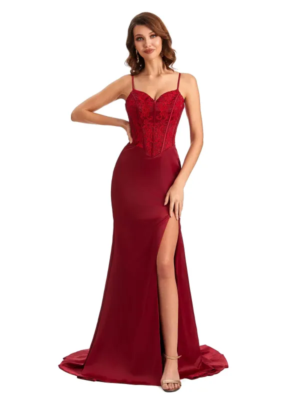 Sexy Side Slit Mermaid Silky Satin V-neck Lace Unique Long Bridesmaid Dresses Online sold by ChicSew