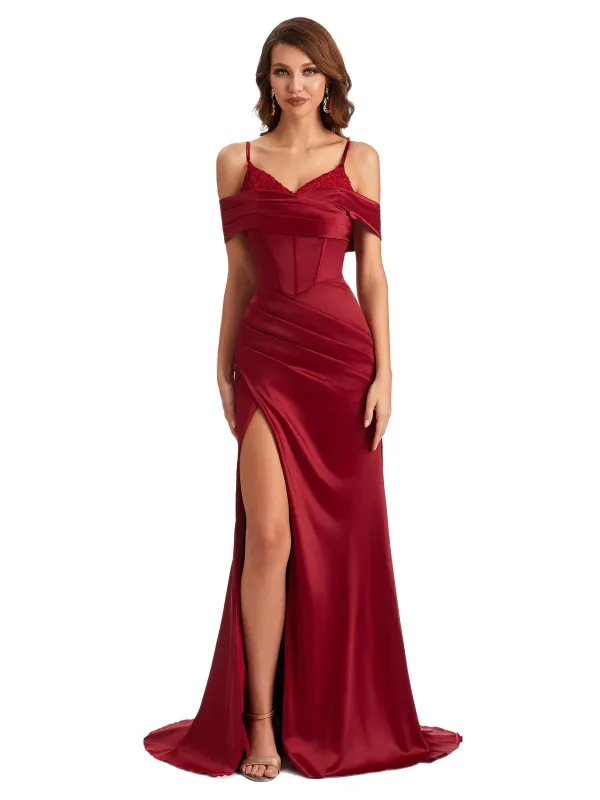 Sexy Side Slit Mermaid Silky Satin V-neck Cold Shoulder Unique Nice Wedding Guest Dresses sold by ChicSew