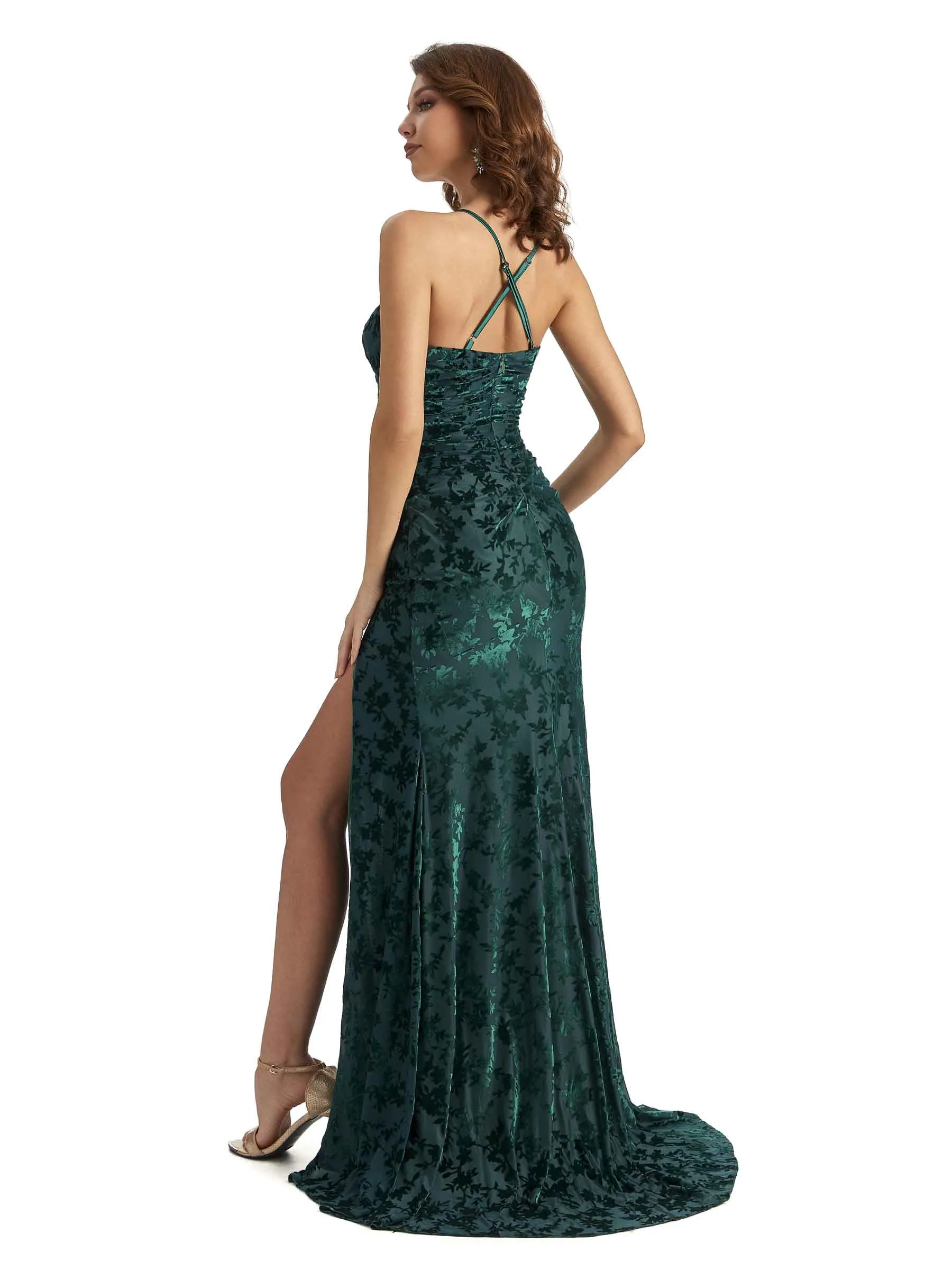 Sexy Side Slit Spaghetti Straps Mermaid Floral Velvet Long Bridesmaid Dresses Online sold by ChicSew product image thumbnail 5