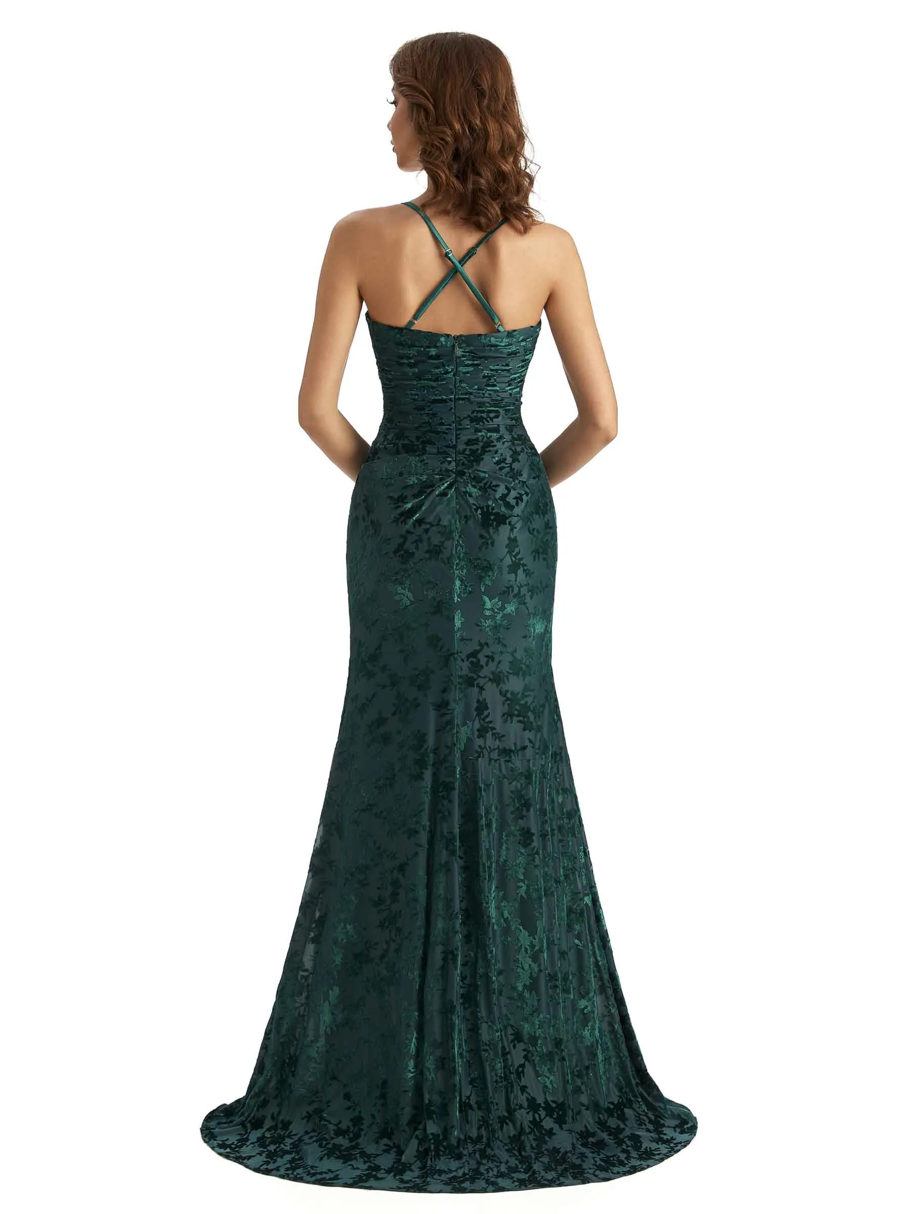 Sexy Side Slit Spaghetti Straps Mermaid Floral Velvet Long Bridesmaid Dresses Online sold by ChicSew product image thumbnail 3