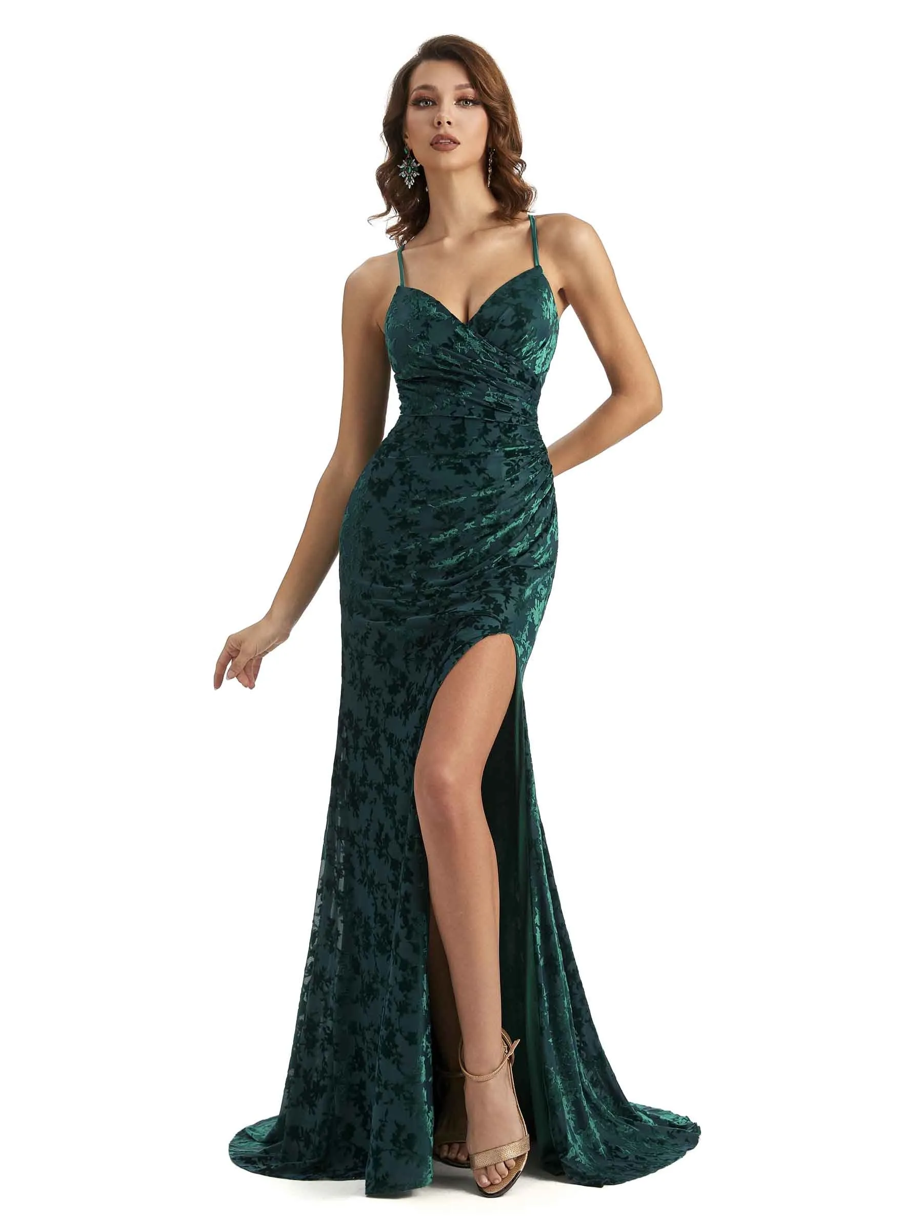 Sexy Side Slit Spaghetti Straps Mermaid Floral Velvet Long Bridesmaid Dresses Online sold by ChicSew
